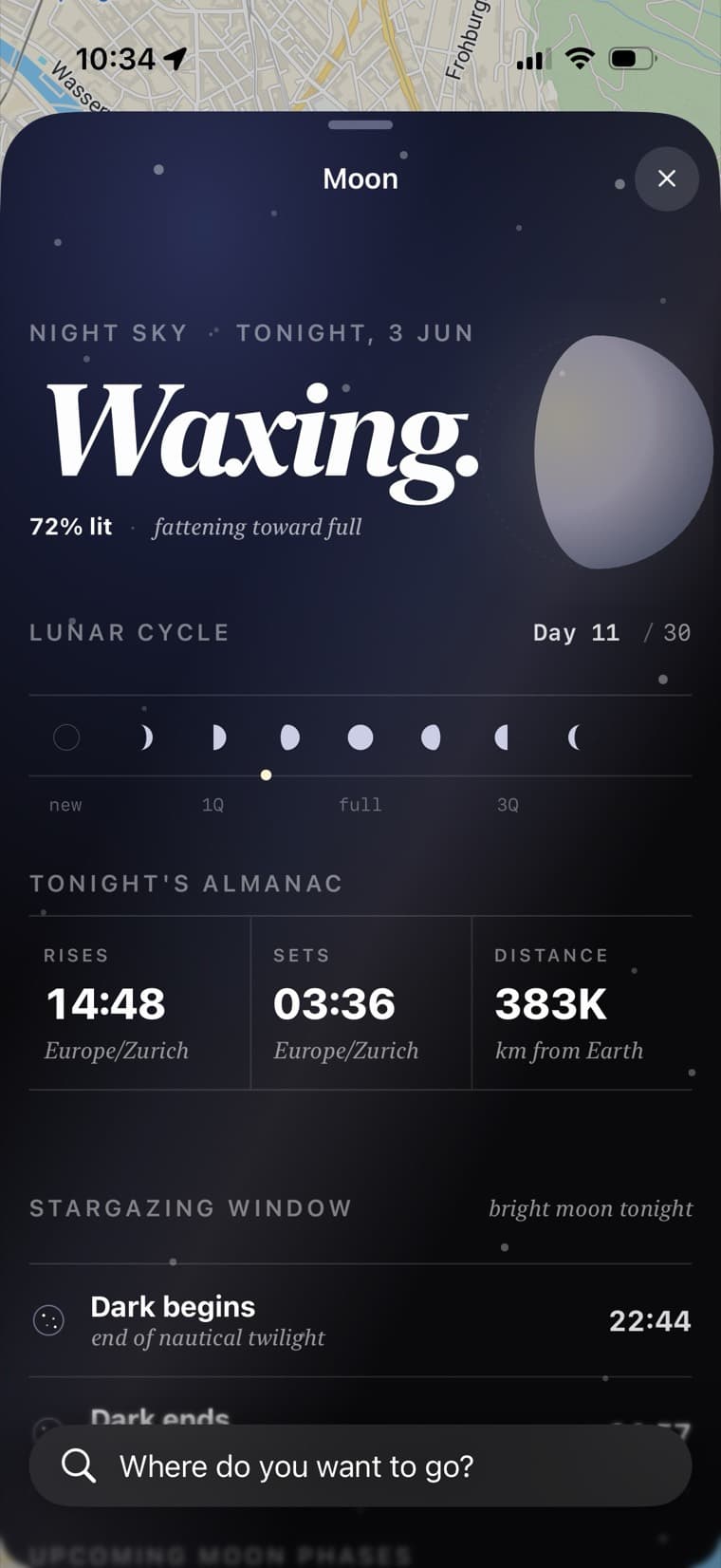 Ari's moon widget with the lunar phase, rise and set times, and stargazing window for Zürich.