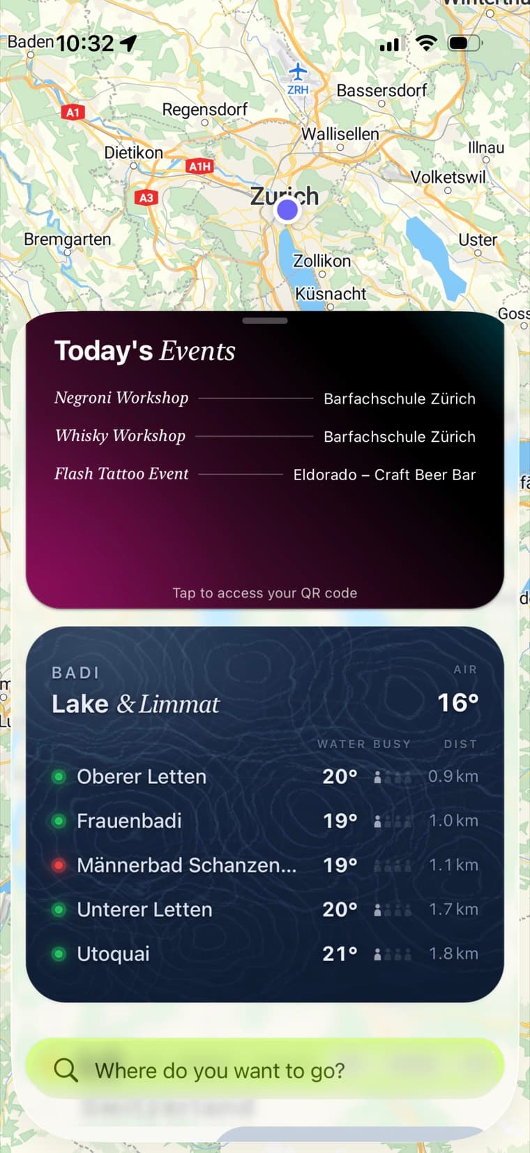 Das Ari-Widget mit den heutigen Events sowie den aktuellen Wasser- und Lufttemperaturen der Zürcher Badis.
