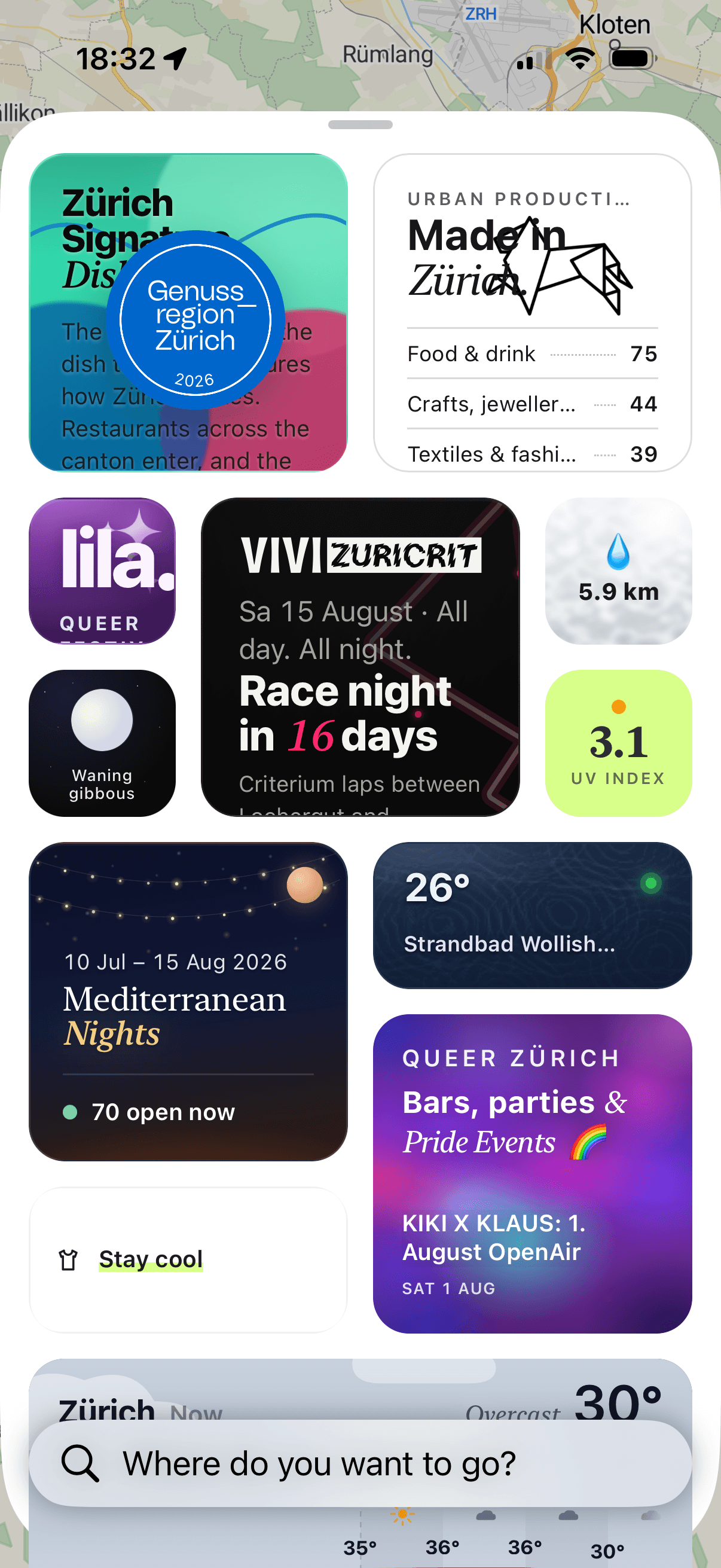 Ari widget grid: Zürich guides, events, and more